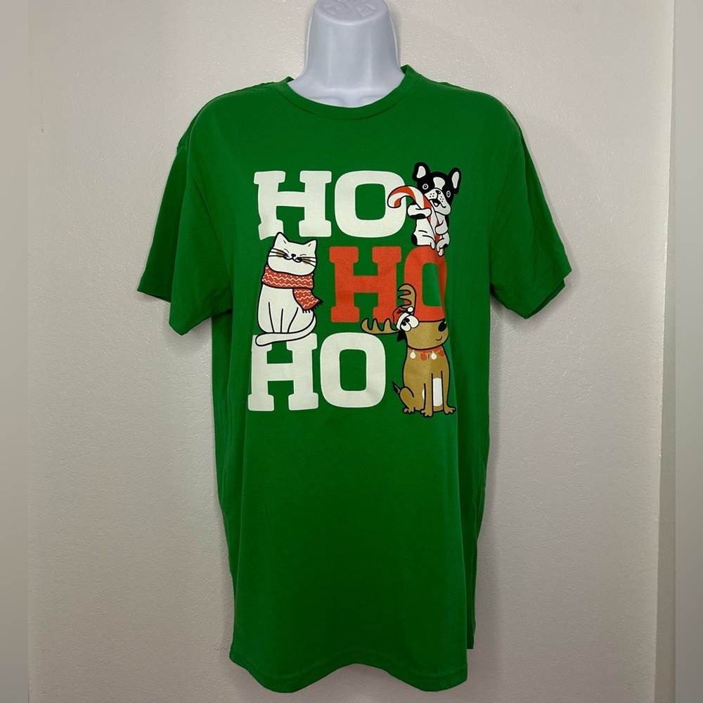 Christmas HoHoHo Cats Dogs Pets Green Short Sleeve Holiday T-shirt Unisex